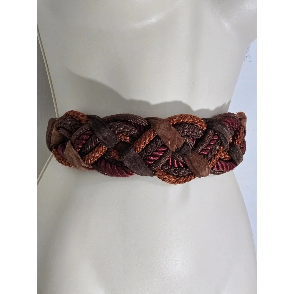 Leather Shop Vintage Braided Cinch Belt Brown Copper Burgundy Elastic Gold Clasp